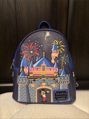 Loungefly Navy Castle Mini Backpack with Multicolor Fireworks